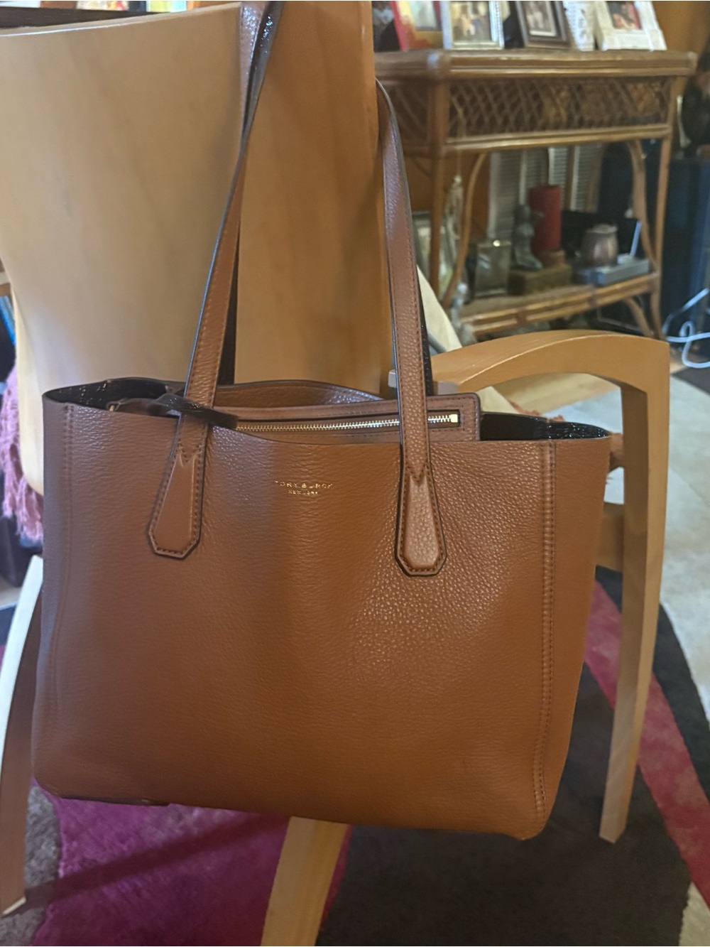 Tory Burch Cognac Pebbled Leather Tote Double Shoulder Strap W/Mini Purse 2 PC
